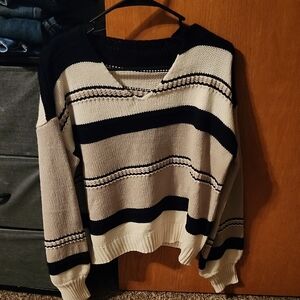 Striped V-Neck Sweater - Black and Cream -Never Worn